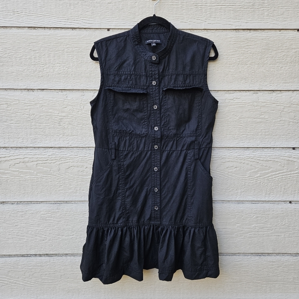 Banana Republic black Tencel button front mini dress petite medium MP PM